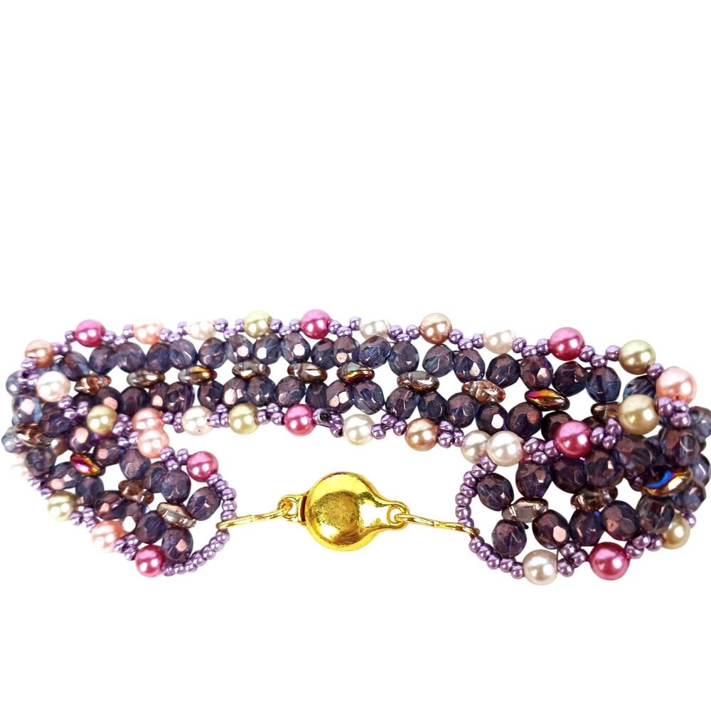 HANDMADE Farrah Fusion Bracelet Purple & Pearls 7¼"  Glam  Preppy Cottage